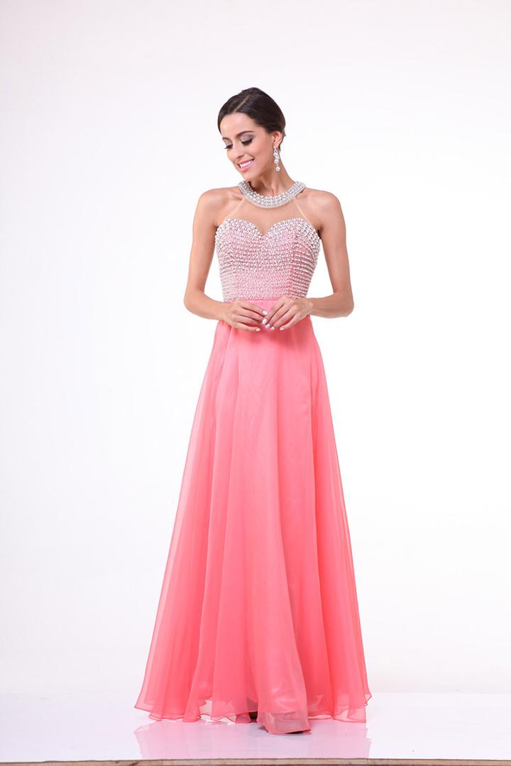 Cinderella Divine - High Halter Pearl Adorned Bodice Chiffon Gown