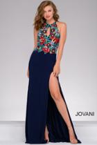 Jovani - Lace Halter Long Dress With High Slit 48916