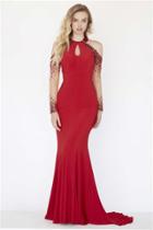 Jolene Collection - 18073 Beaded Sheer Long Sleeve Jersey Dress