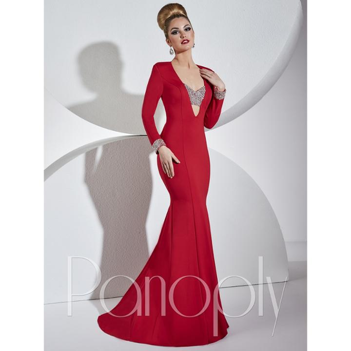 Panoply - Sculpted Ornate V-neck Trumpet Gown With Long Sleeves 44286