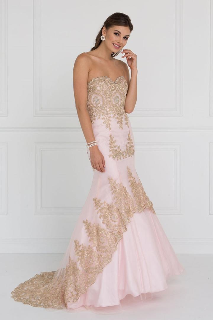 Elizabeth K - Gl2428 Strapless Bejeweled Lace Bodice Trumpet Gown