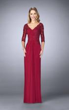 La Femme - 23118 Lace Quarter Length Sleeves Ruched Long Dress