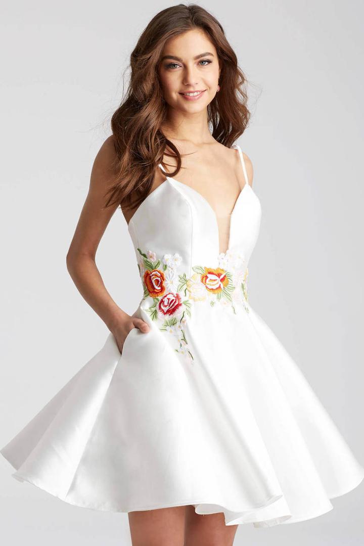 Jovani - Jvn56098 Embroidered Floral Plunging Neck Cocktail Dress