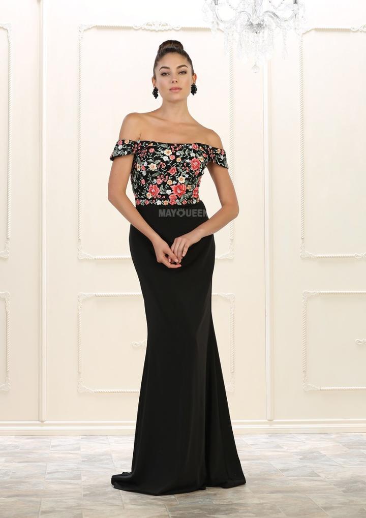 May Queen - Floral Applique Off-shoulder Fitted Dress