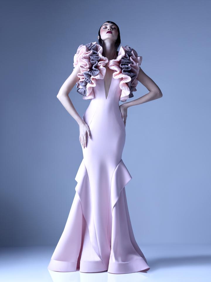 Mnm Couture - G0955 Two Tone Ruffled Deep V-neck Trumpet Dress