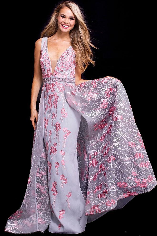 Jovani - 58935 Floral Embroidered Deep V-neck Dress