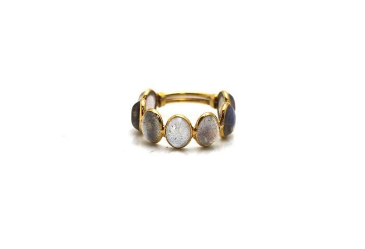 Tresor Collection - Labradorite Faceted Oval Stackable Ring Band With Adjustable Shank In 18k Yellow Gold