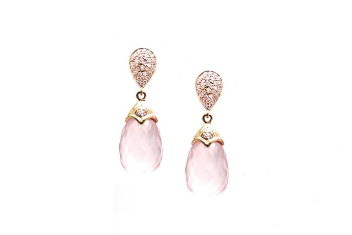 Tresor Collection - 18k Yellow Gold, Rose Quartz And Diamond Earrings With Pave Top