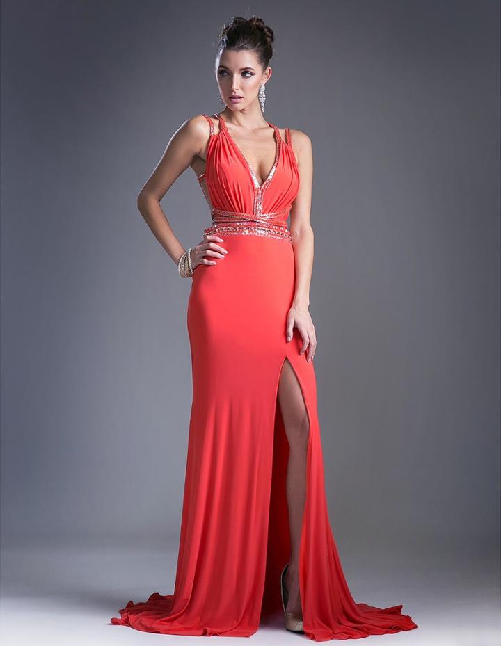 Cinderella Divine - Strappy Plunging V-neck Ruched Evening Dress