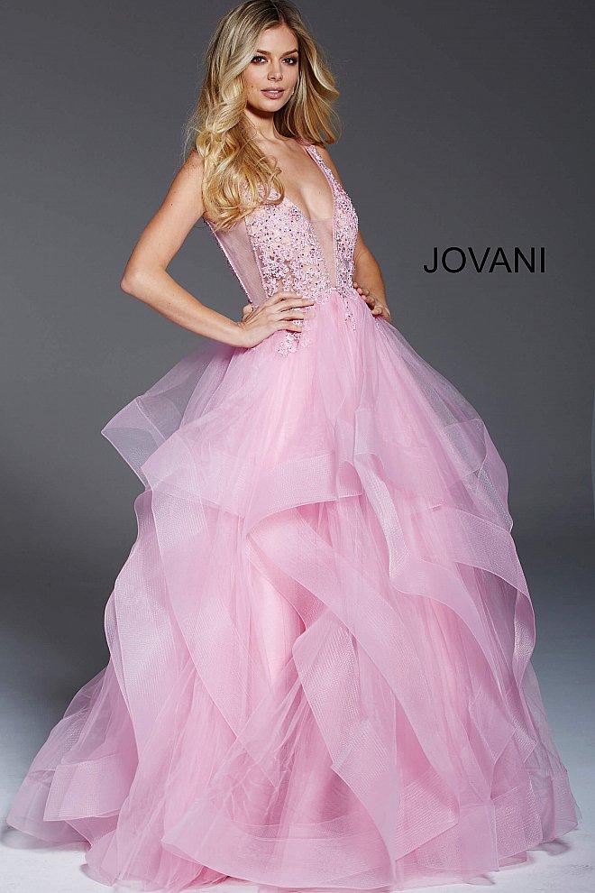 Jovani - 59073 Appliqued Plunging Ruffled Ballgown