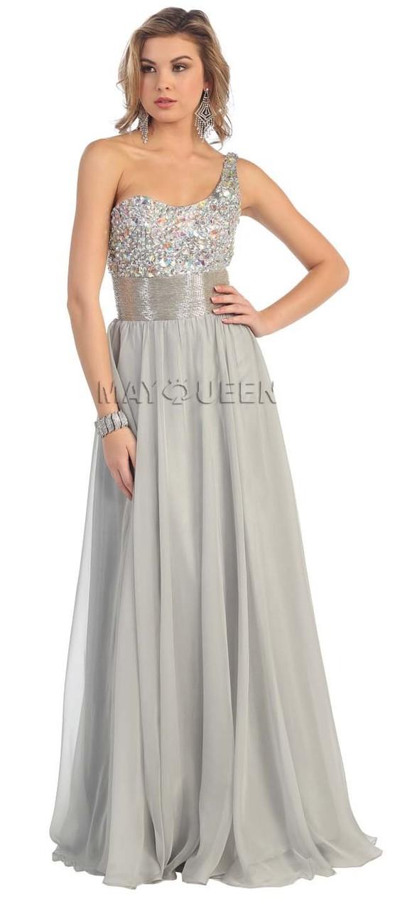 May Queen - Jewel Embellished Asymmetrical Neck Chiffon A-line Dress Rq7074