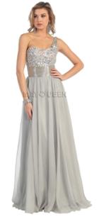 May Queen - Jewel Embellished Asymmetrical Neck Chiffon A-line Dress Rq7074