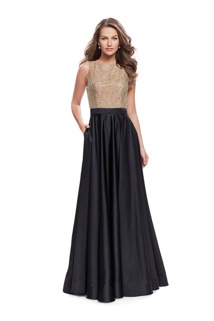 La Femme - 25362 Beaded High Neck Satin A-line Gown