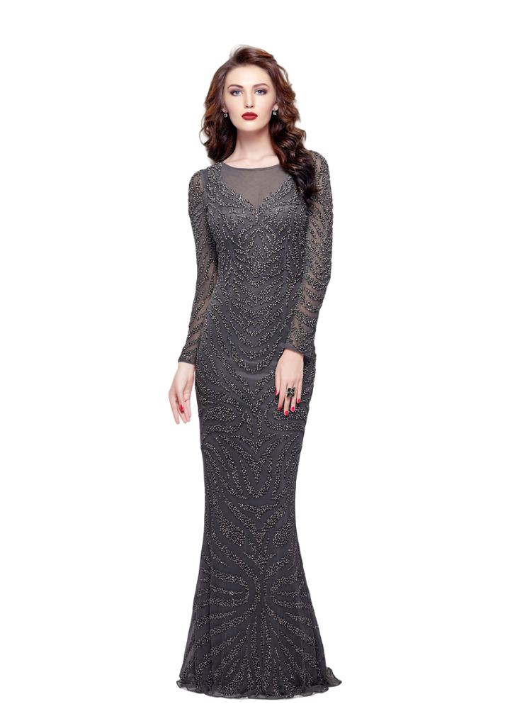 Primavera Couture - 1996 Long Sleeve Sheer Beaded Sheath Gown