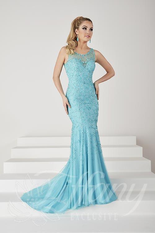 Tiffany Designs - Glittering Bateau Illusion Trumpet Evening Gown 46057