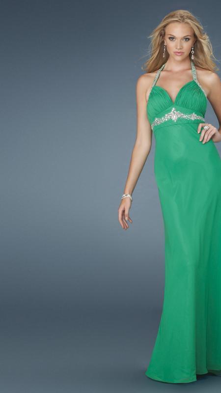 La Femme - Long Haltered Gown With Beaded Straps 14452
