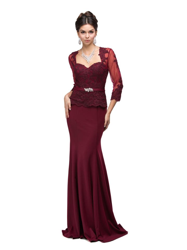Majestic Lacy Dress With Sheer Sleeves And Satin Belt With Brooch