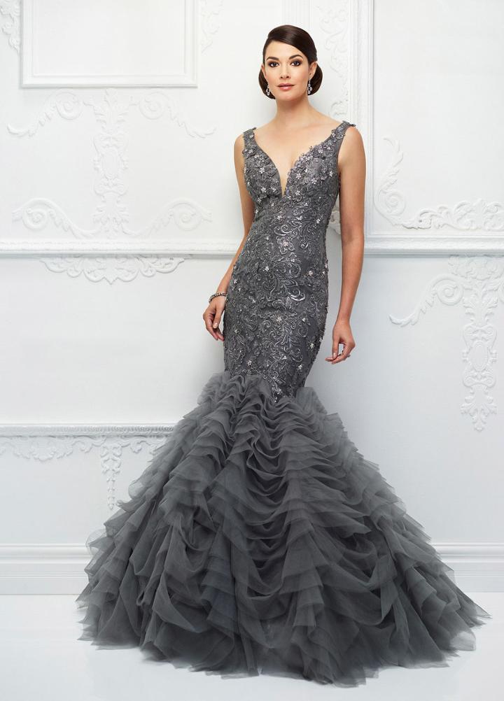 Ivonne D For Mon Cheri - 118d09 Beaded Lace Deep V-neck Tulle Dress