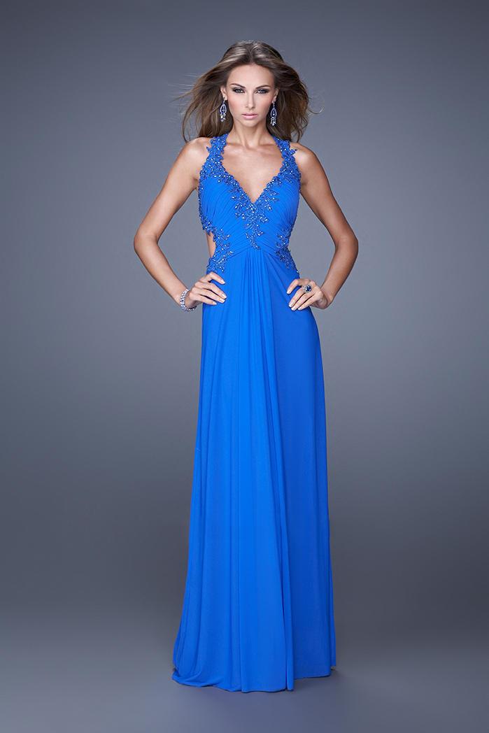La Femme - 20867 Beaded Lace Ruched Halter Evening Gown