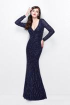 Primavera Couture - Long Sleeves V-neck Sequined Gown 1746