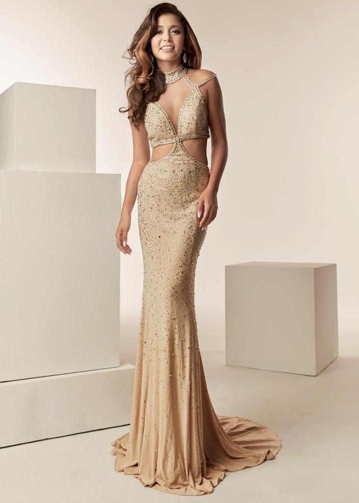 Jasz Couture - 6225 Beaded High Neck Jersey Sheath Dress