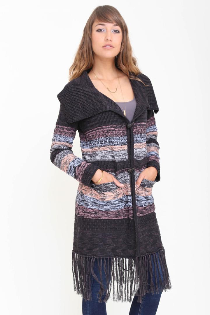 Goddis - Amalia Long Fringe Knit Jacket In Dark Shadows