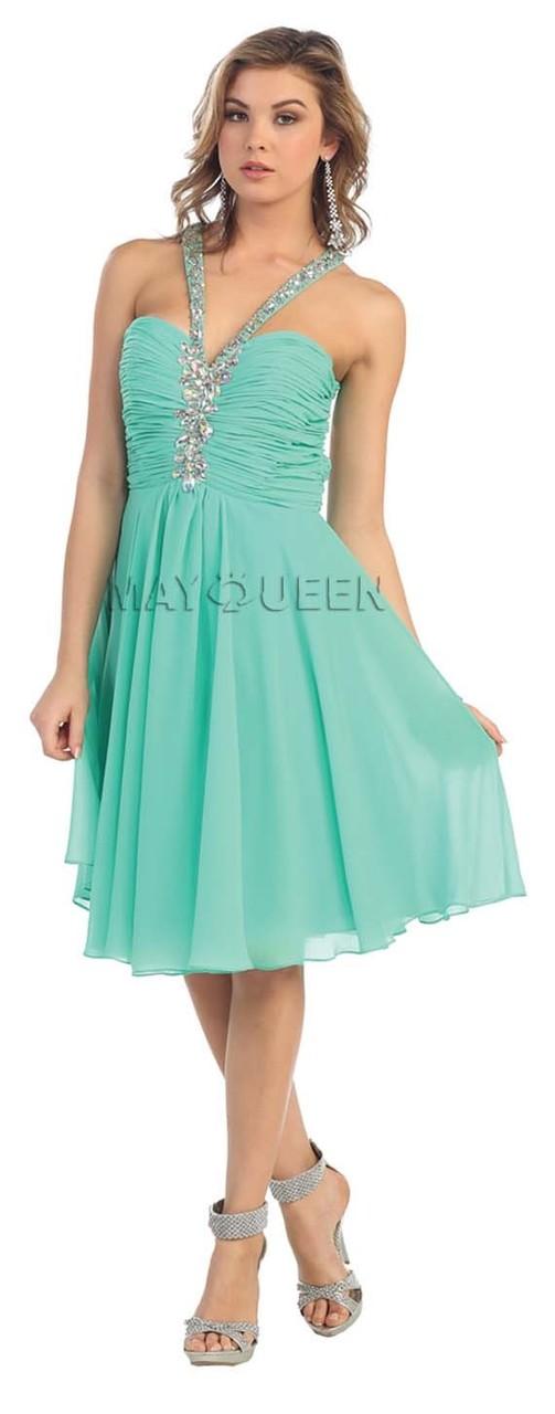 Knee Length Ruched And Jewel-accented V-neck A-line Dress
