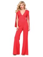 Jovani - V Neck Hanging Sleeve Knit Jumpsuit In Navy 49723