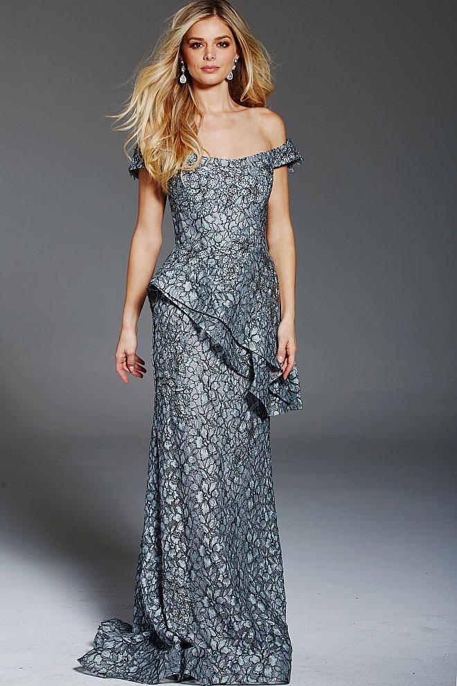 Jovani - 60990 Embellished Off-shoulder Peplum Fitted Gown