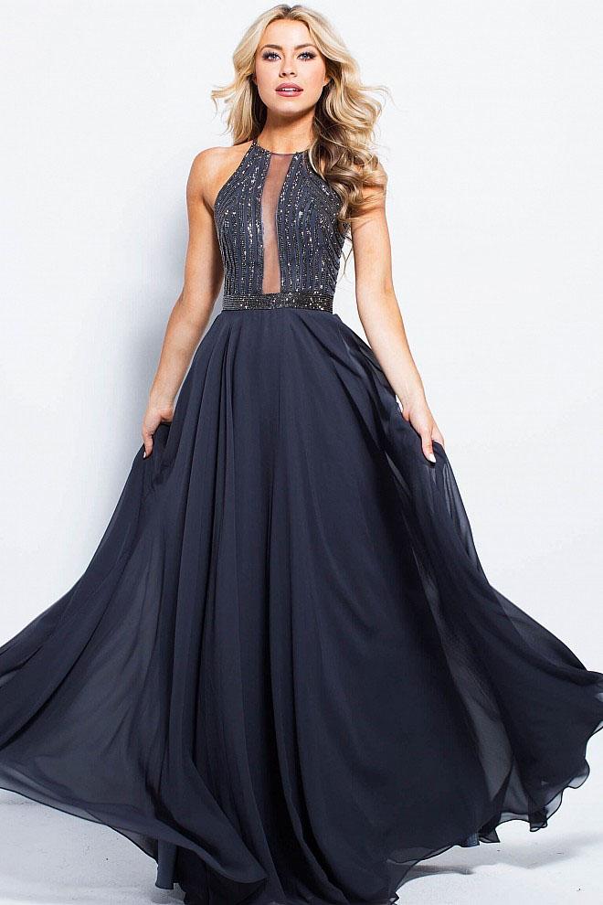 Jovani - Jvn59049 Embellished Illusion Halter Chiffon A-line Dress