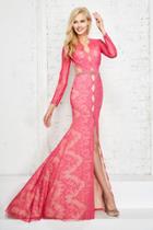 Angela & Alison - 71005 V-neck Lace And Illusion Evening Gown
