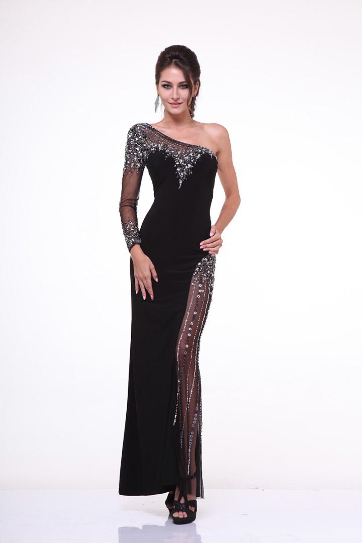 Cinderella Divine - Rhinestone Embellished One Shoulder Evening Dress