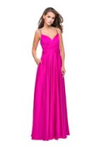 La Femme - 25611 Beaded V-neck Satin A-line Dress