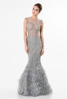 Terani Couture - Feather Ornate Illusion Mermaid Gown 1521gl0816b