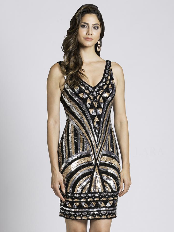 Lara Dresses - 33581 V-neck Sequined Print Short Dress