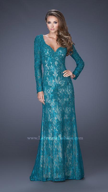La Femme - Lace V Neck Long Dress In Evergreen 19893