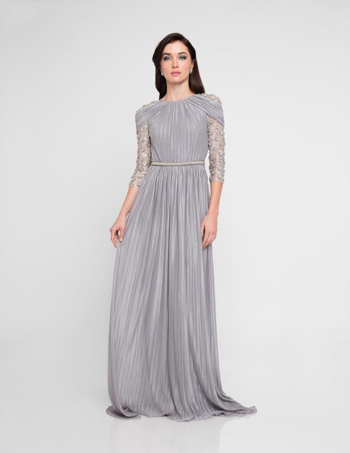 Terani Couture - 1813m6709 Quarter Sleeve Pleated Evening Dress