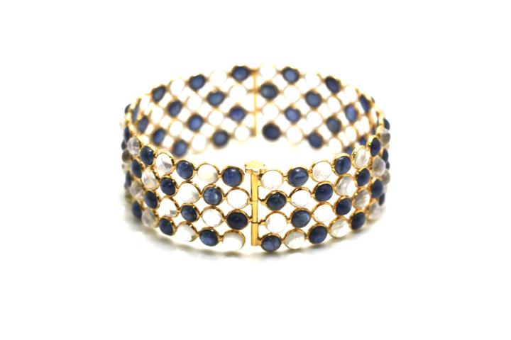 Tresor Collection - Blue Sapphire & Rainbow Moonstone 4 Line Bangle In 18k Yellow Gold