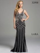 Lara Dresses - Sleeveless V Neck Crystal Beaded Long Black Dress 32958