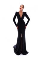 Tarik Ediz - 93406 Deep V-neck Long Sleeved Sheath Gown