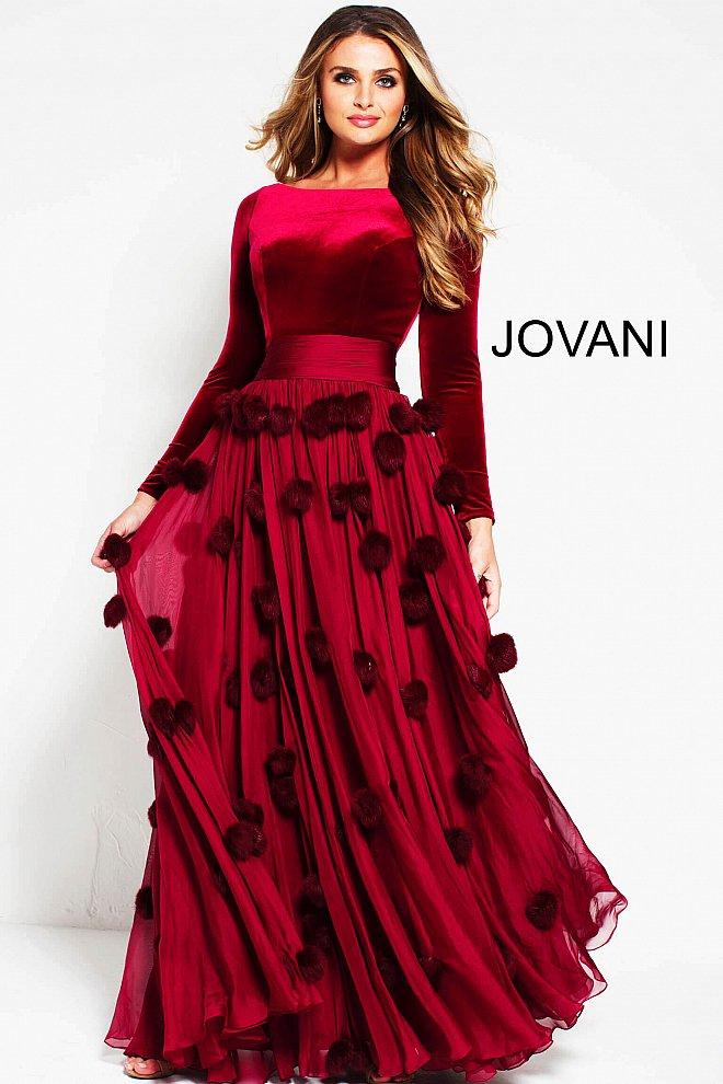 Jovani - 48730 Fur Poms Bateau Long Sleeves Evening Gown