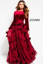 Jovani - 48730 Fur Poms Bateau Long Sleeves Evening Gown