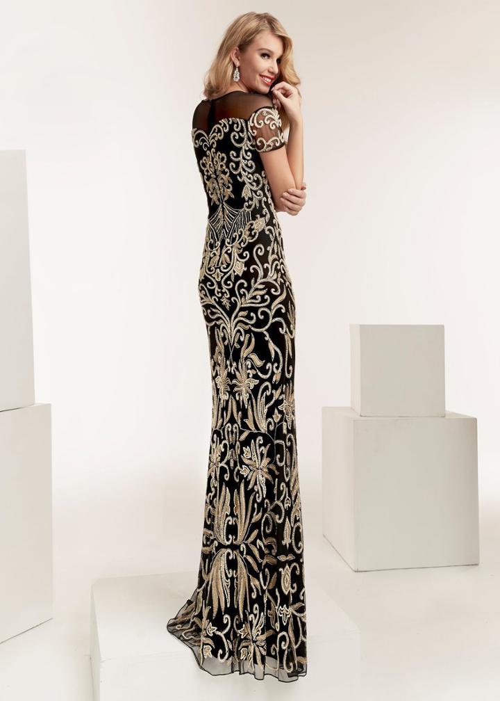 Jasz Couture - 1402 Gilded Illusion Neck Sheath Dress