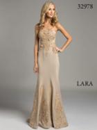Lara Dresses - Strapless Floral Patterned Champagne Evening Gown 32978