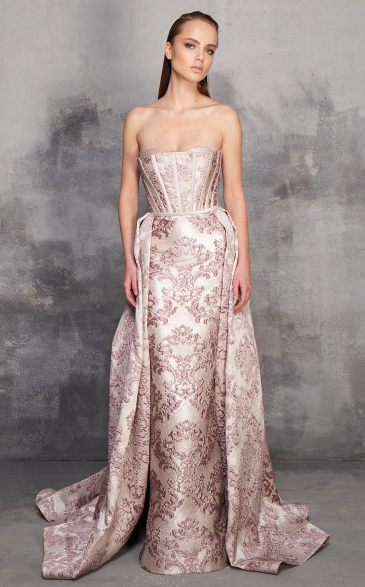 Mnm Couture - N0154 Strapless Sweetheart Corset Brocade Overskirt Gown