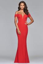 Faviana - S10093 Off-shoulder/v-neck Crepe Sheath Dress