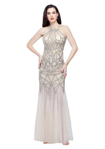 Primavera - 3033 Embellished High Halter Trumpet Dress