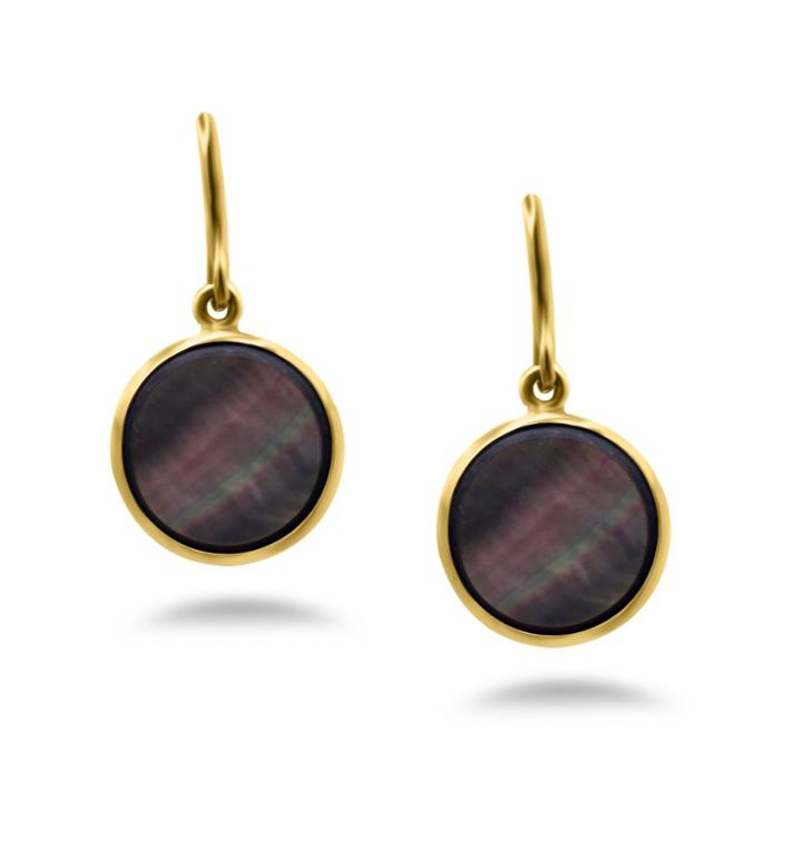 Tresor Collection - Grey Mother Of Pearl Simple Rd Dangle Earrings In 18k Yellow Gold