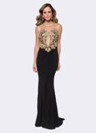 Ashley Lauren - 1186 Gold Embroidered Illusion Jewel Sheath Dress