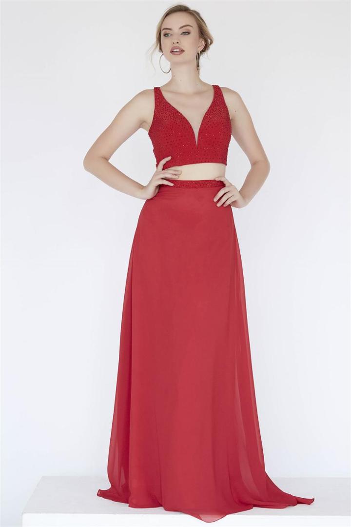 Jolene Collection - 18024 Two Piece V-neck Fitted Chiffon Dress